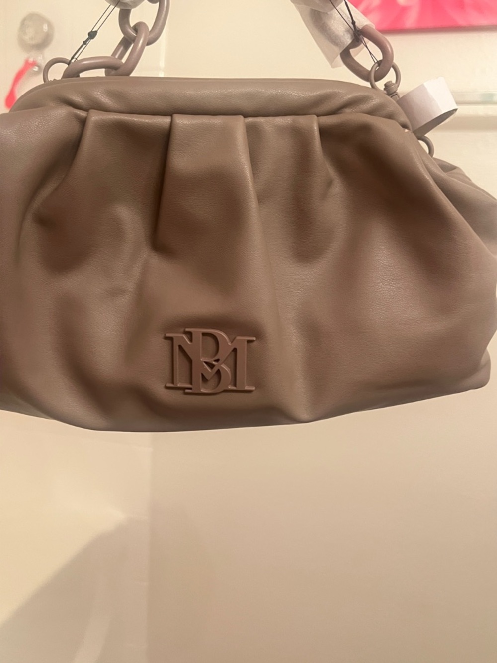 Badgley Mischka Taupe Pleated Shoulder Bag with Chain Strap